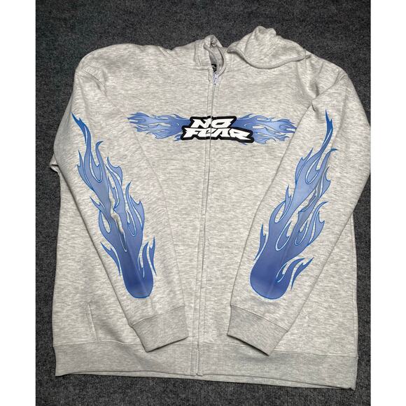 NWOT No Fear 90’s Flame Full Zip Hoodie - Light Heather Grey Baby Blue/Blk -L - Picture 2 of 5